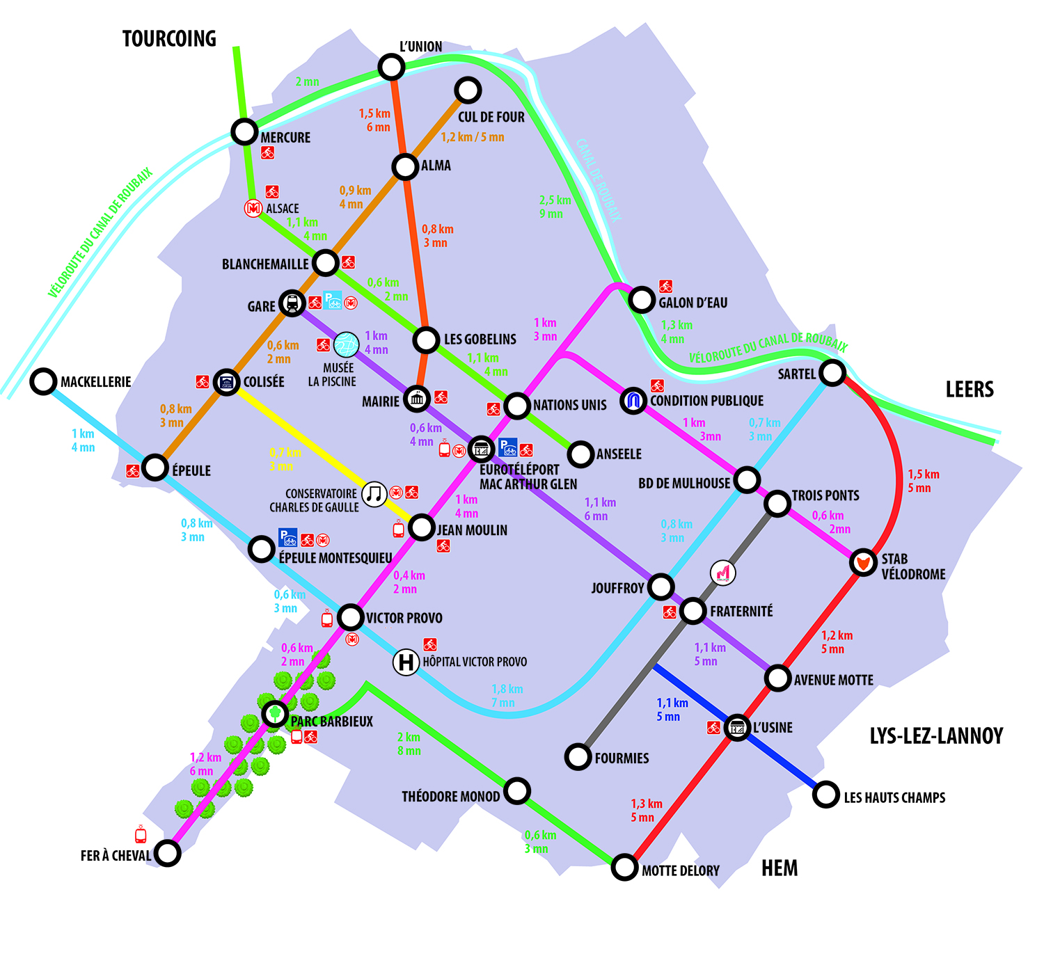 Carte des pistes cyclables à Roubaix