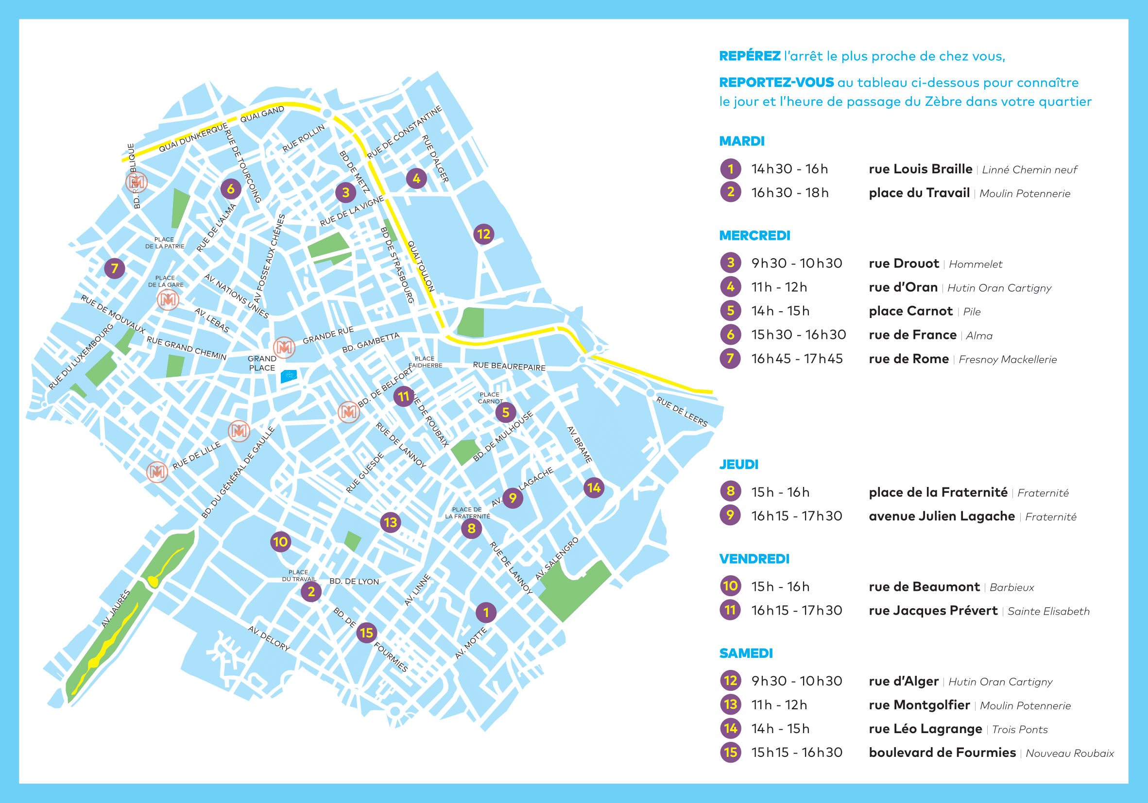 Carte des emplacements du bibliobus Roubaix