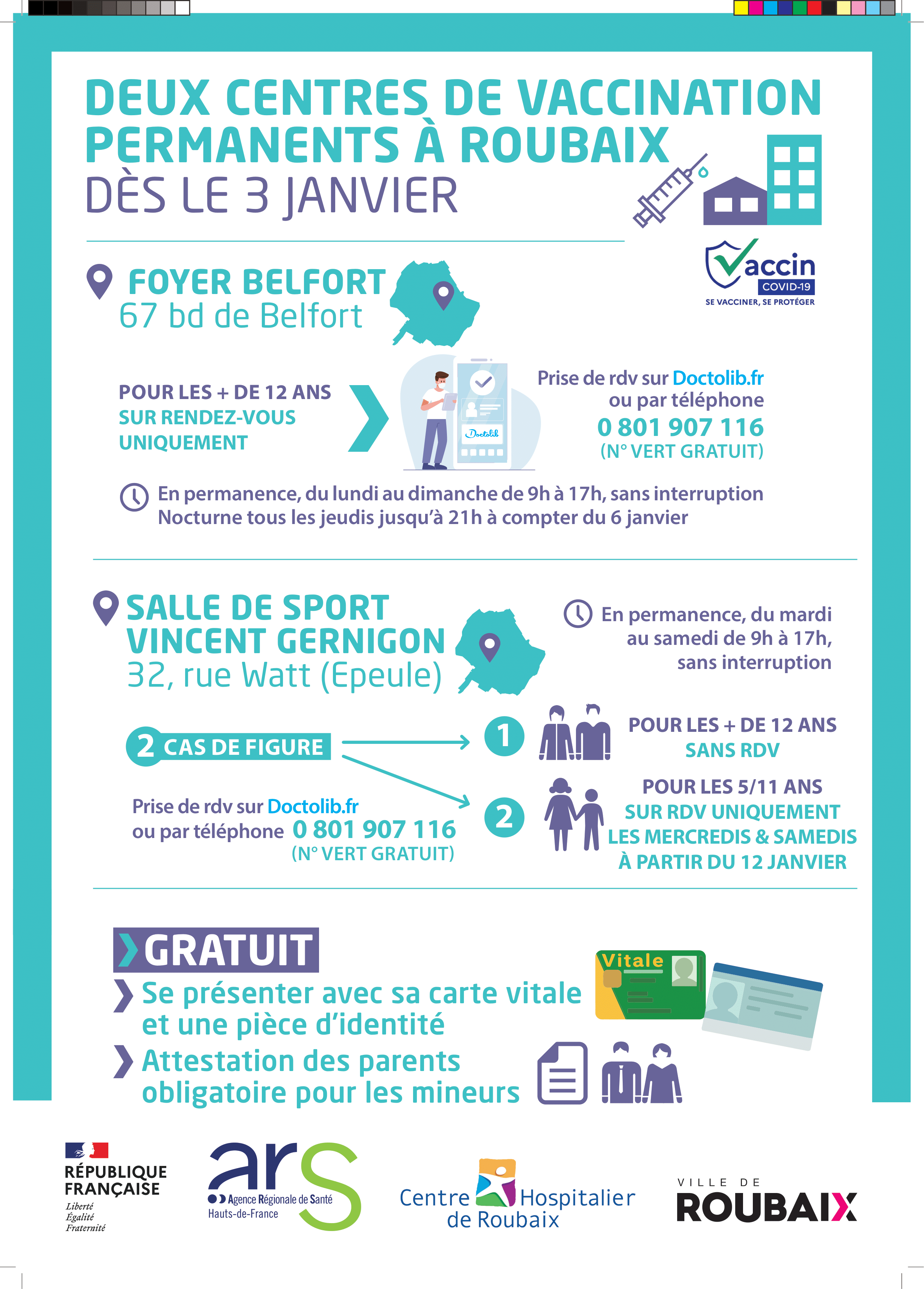 Infographie présentant l'organisation de la vaccination à Roubaix à partir de Janvier 2022