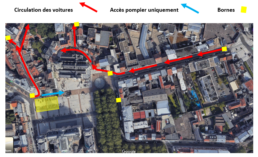 Plan d'implantation des bornes escamotables dans le centre-ville de Roubaix