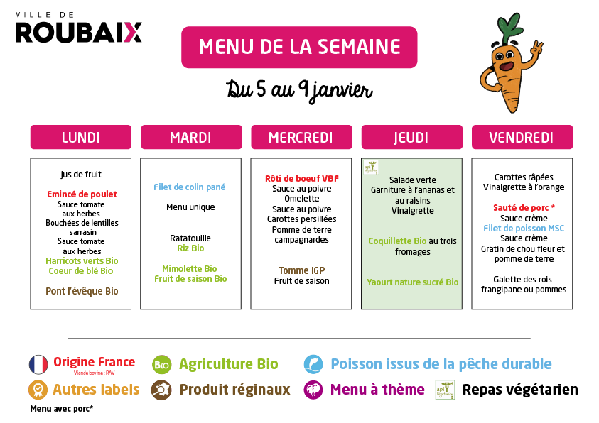 Menu 5 au 9 janvier
