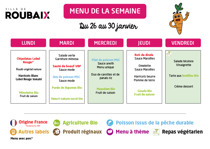 Menu du 26 au 30 janvier