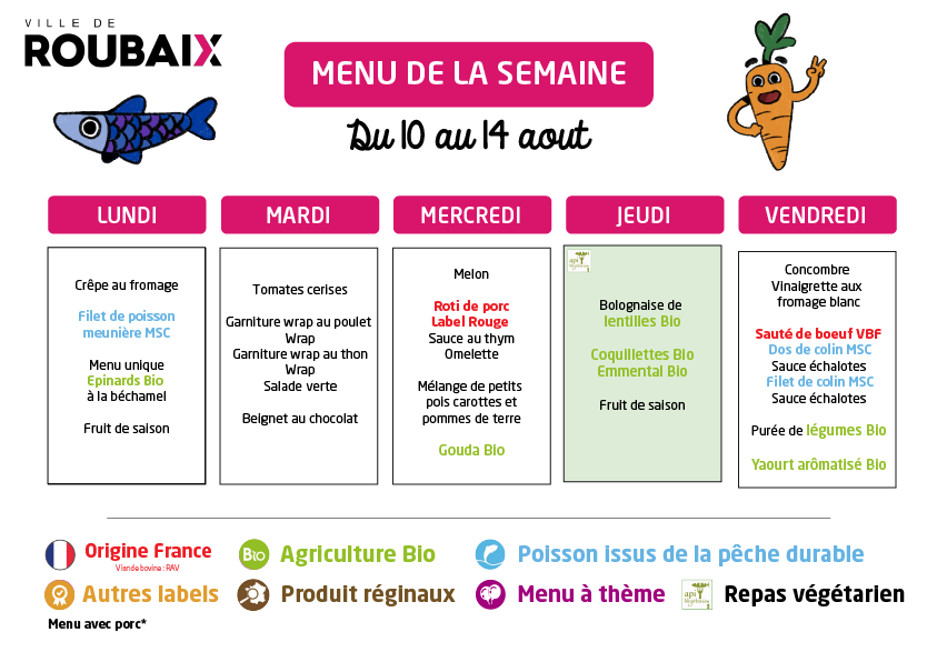 menu Du 10 au 14 aout