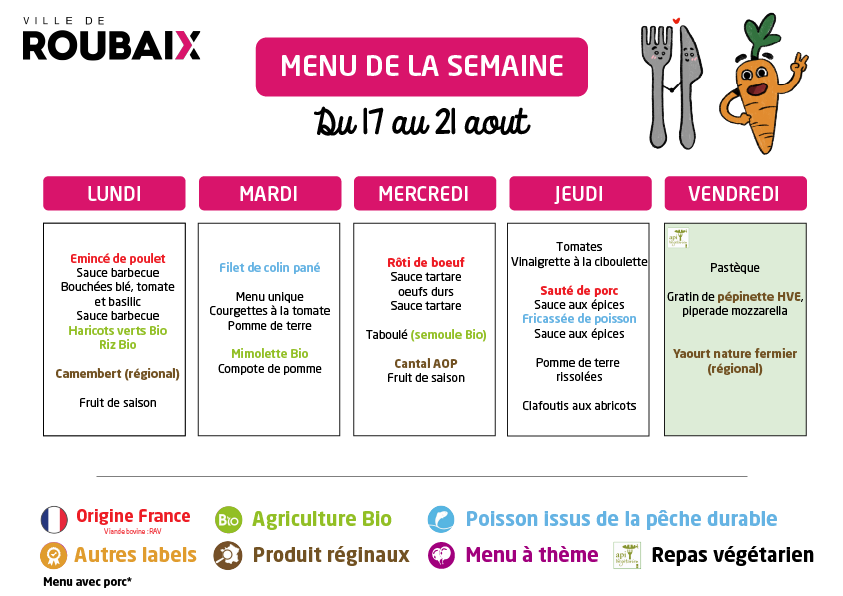 Menu Du 17 au 21 aout