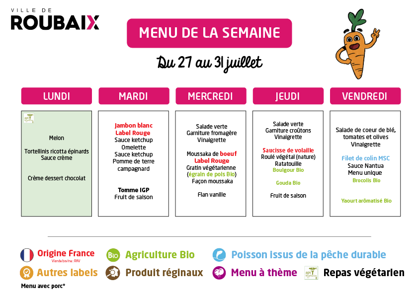 Menu Du 27 au 31 juillet