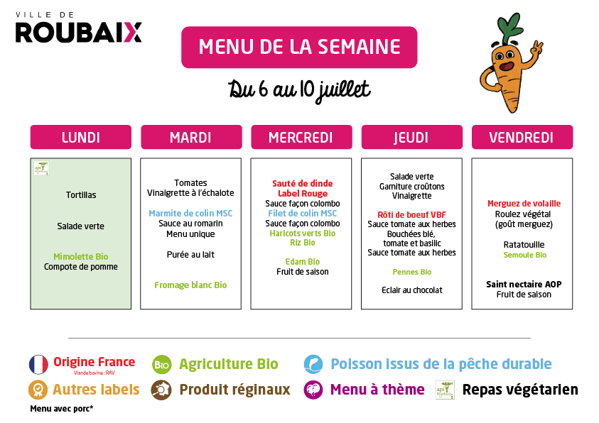 Menu Du 6 au 10 juillet