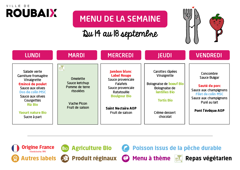 menu Du 14 au 18 septembre