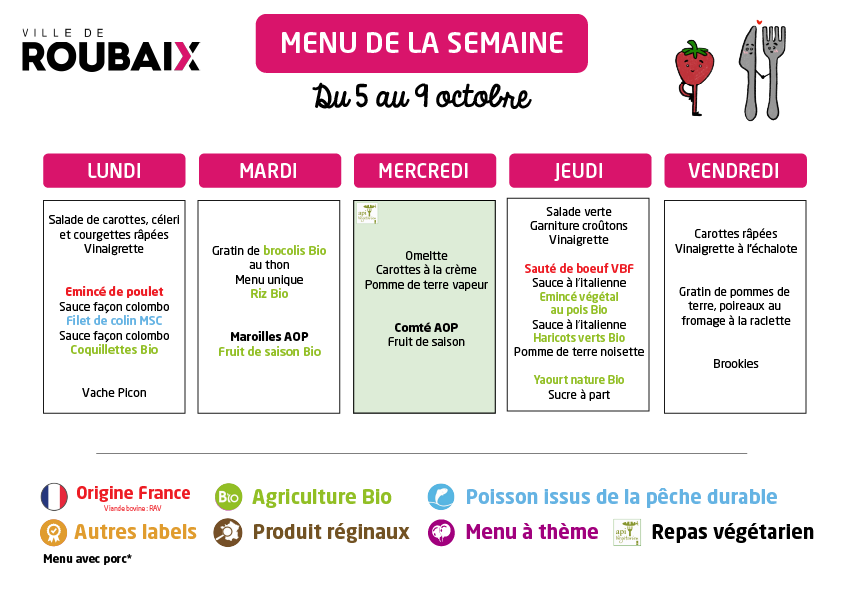 menu Du 5 au 9 octobre
