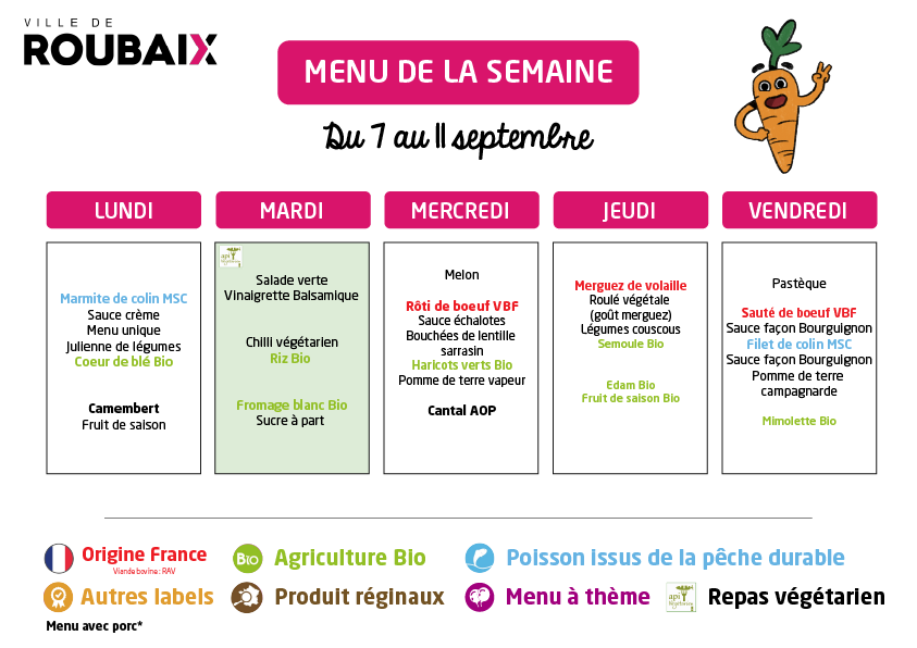 Menu Du 7 au 11 septembre