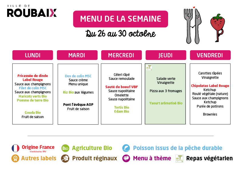 menu Du 26 au 30 octobre